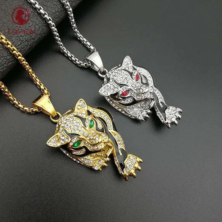 

European Hips Hops Green Red Rhinestone Animal Eye Necklace Stainless Steel Cubic Zircon CZ Tiger Head Necklace