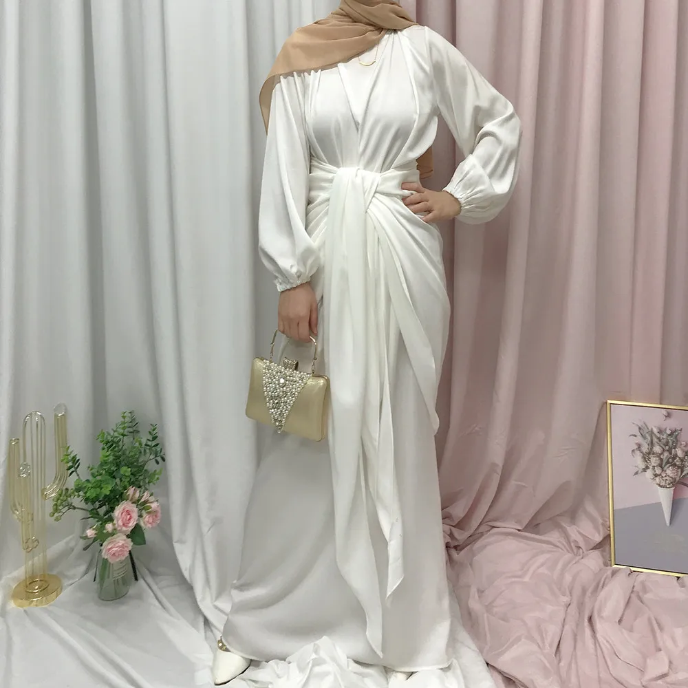 

2022 Hot selling New Fashion Elegant Satin Abaya islamic clothing muslim dress Kaftan 2 Pieces Women Dress