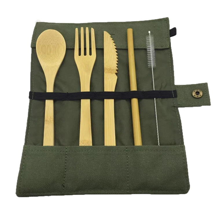 

Eco Friendly Custom Logo Bamboo Travel Utensils Reusable Bamboo Cutlery Set With Canvas Bag, Brown deep brown customized