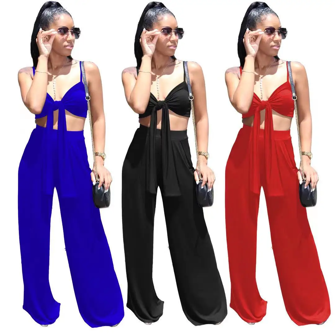 

2021 New Arrivals Fashion Women Casual Spaghetti Wrap Chest With Belt Crop Wide Leg Pants Solid 2 Pieces Set Jumpsuit, Picture show