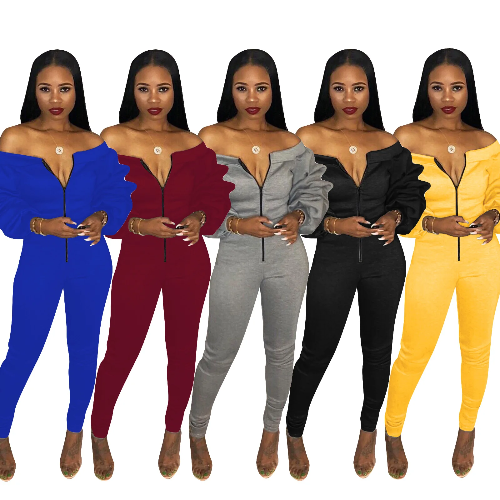 

Trending products 2021 new arrivals Chic Design Solid Color Thickening Off The Shoulder One Piece Woman Zipper Jumpsuit, Picture shows