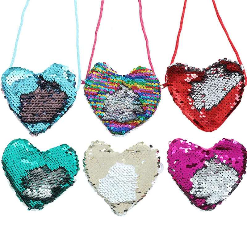 

New Arrival Children's Sequin Love Shaped Rope Single Shoulder Kindergarten Inclined Back Wallet Bag Purse, As the picture display