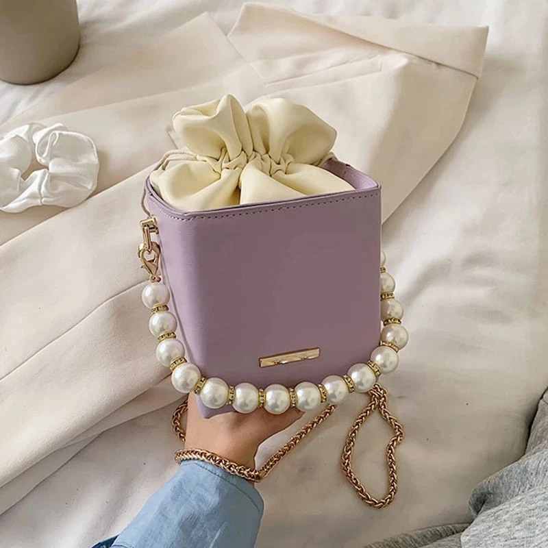 

Pearls Chain Luxury Design Small Crossbody Bags For Women 2020 Solid Color Fashion Wild Shoulder Bags Lady PU Leather Handbags, 7colors