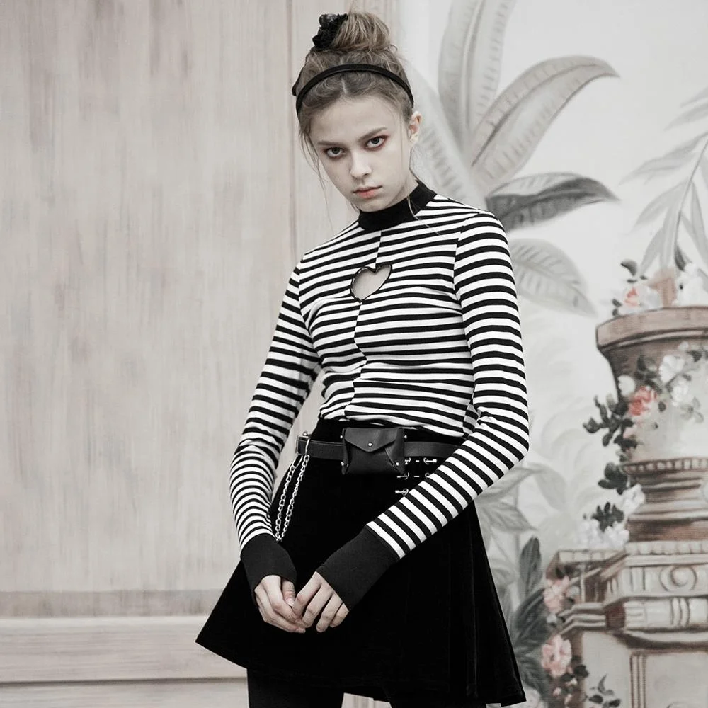 
OPT-280 PUNKRAVE vertical collar love hollowed tight T-shirt black white long sleeve factory shirt 