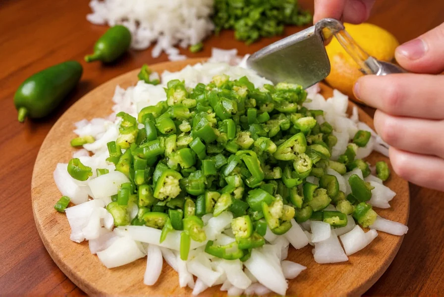 Traditional Puerto Rican sofrito preparation showing ajicito peppers being chopped alongside onions and culantro