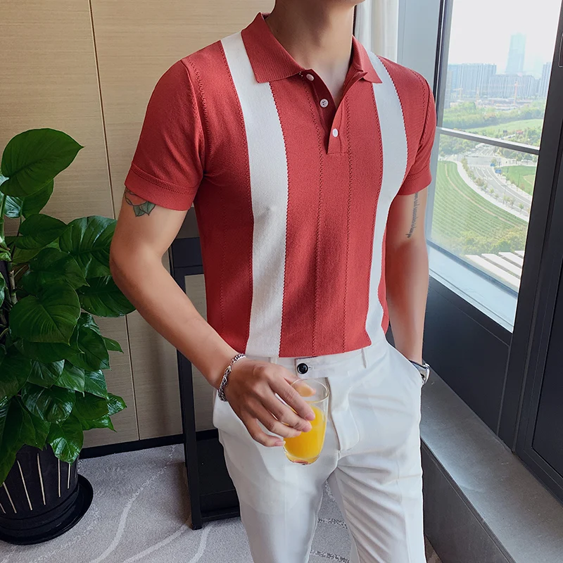 

2020 Summer Men's Short-sleeved Knitted Casual POLO Shirts Contrast Color British Slim Lapel Ice Silk POLO Shirt Men Clothes