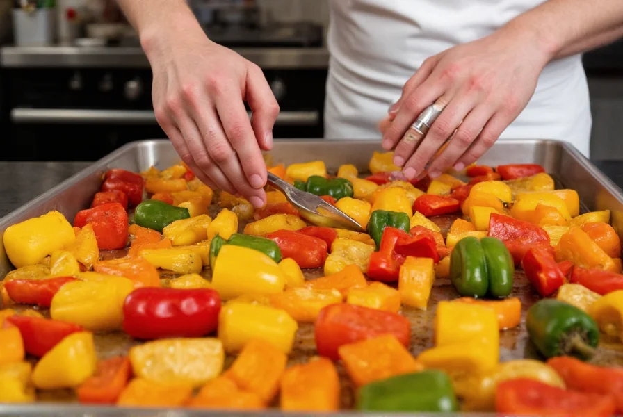 Professional chef roasting butternut squash and bell peppers on baking sheet for pepper squash soup recipe