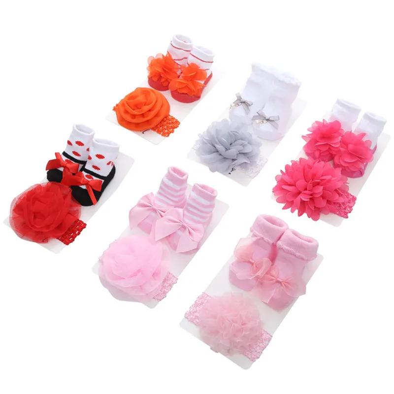 

New Style Striped Solid Color Lace Baby Sock Shoes Bow Princess Cute Baby Socks And Headband Set, As pictures