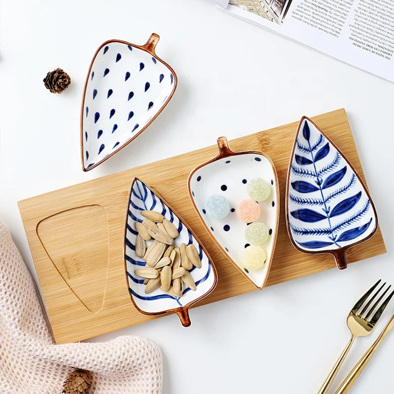 

Japanese Style Leaf Shape Ceramic Tableware Dried Fruit Plate Household Sushi Snack Dishes, White/blue