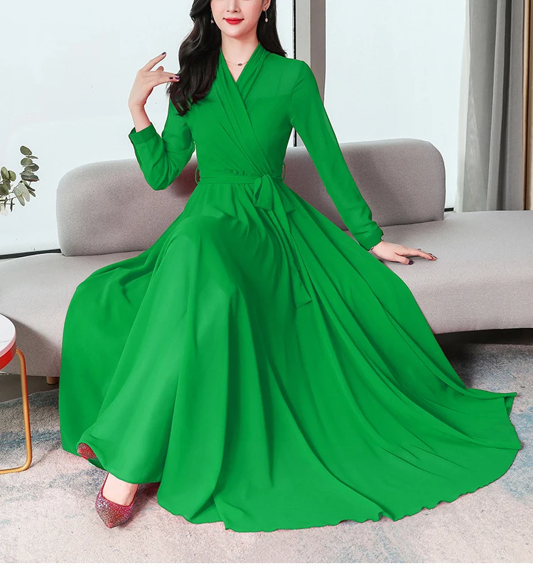 

Long Sleeve Autumn Casual Formal Church Muslim Dress Solid Color Waistband Chiffon V-neck Maxi Elegant Dresses For Women, Accept custom color
