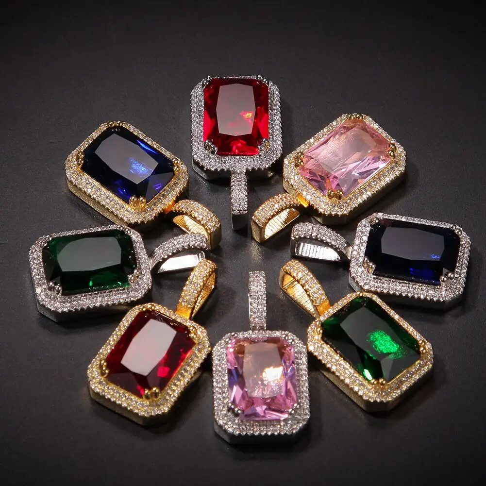 

Iced out bling 5A cz tennis chain geometric 8 colorful big rectangle rectangle diamond pendant necklace, Silver