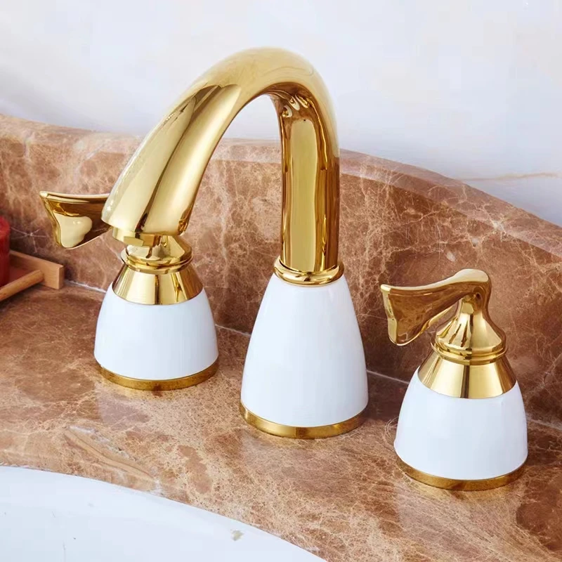 

Hot selling luxury watermark golden hot & cold Ceramic body brass 3 Holes Sink water Tap basin faucet mixer dual handles