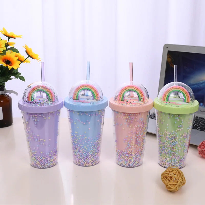 

C277 18Oz Reusable Travel Ice Coffee Mugs 550Ml 2 In 1 Lid Double Wall Plastic Drinking Cup Rainbow Plastic Tumbler With Straw