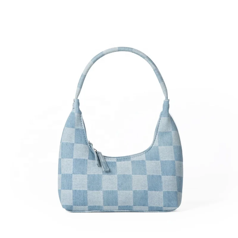 

Wholesale Blue Denim Fabric Handbag Underarm Young Fashion Half Moon Wrist Bag Clutch Stitching Plaid Light Blue Women Bag