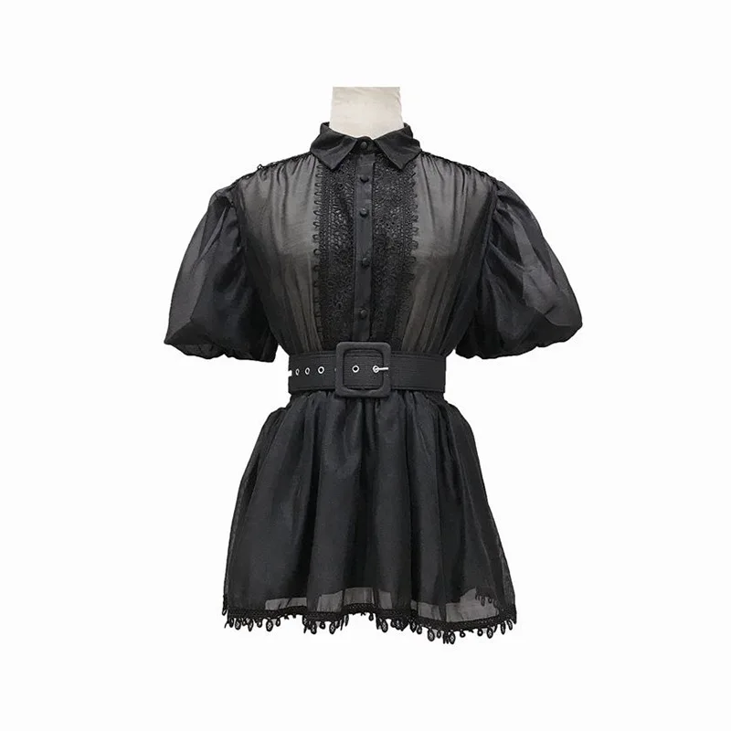 

2020 factory wholesale high quality short style puffy sleeve shirt ladies office wear women chiffon blouse and top with belt