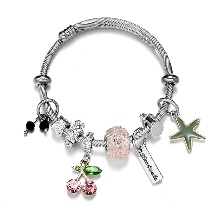 

DIY Cherry Charms Bracelet Stainless Steel Jewelry Fashion Girls Charm Bracelet Women's  Cuff Bangles Silver Plated, Pink