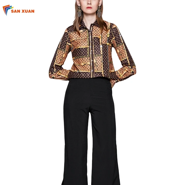 Latest arrival in stock european style fall slim turn down collar custom digital print ladies long sleeve tops and blouses