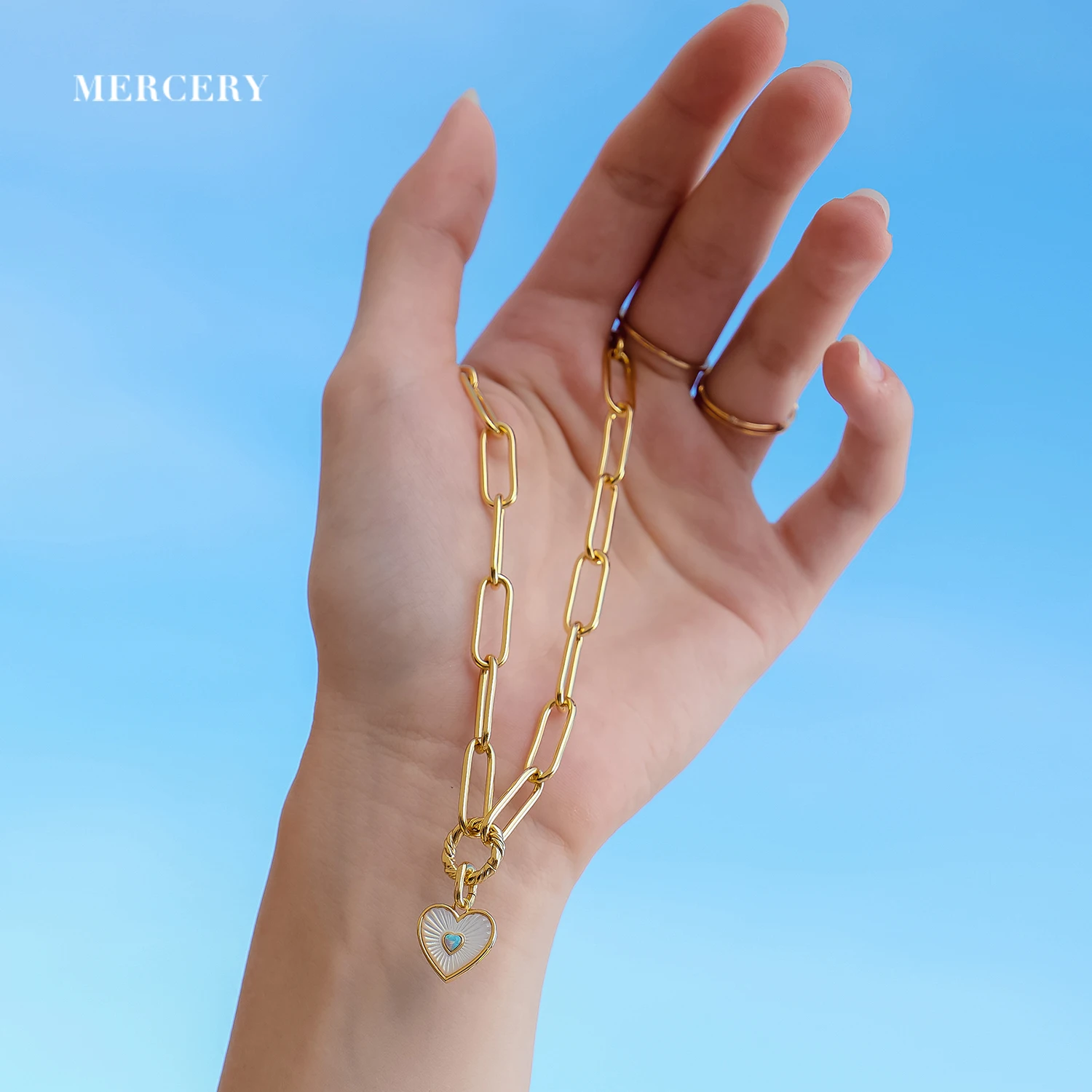 

Mercery Jewelry 18K Custom Opal Mop Romantic Heart Love Alloy Brass Pendant 14K Gold Plated Necklace Colored Stone Pendant