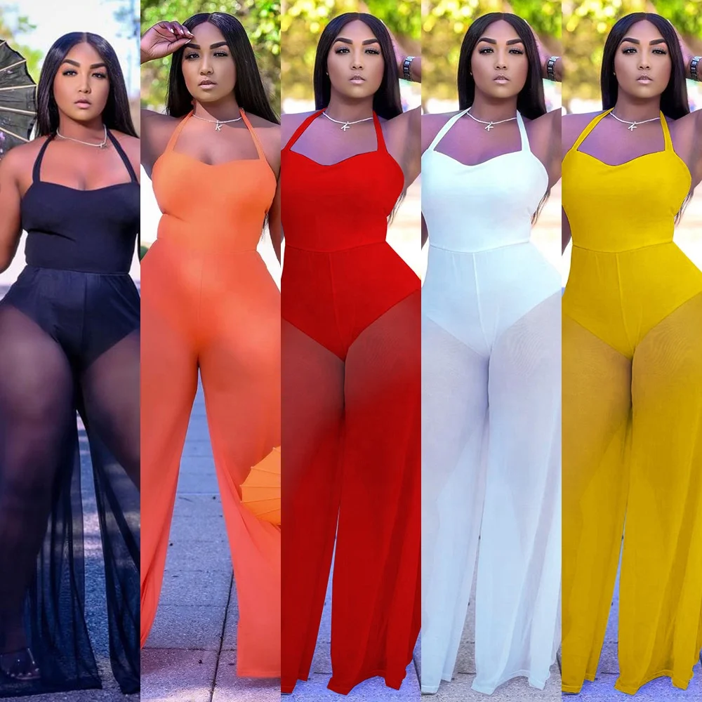 

Summer New Solid Color Double Fabric Stitching Strappy Halterneck Jumpsuit Plus Size Women's Clothing, White, yellow, red, black, orange