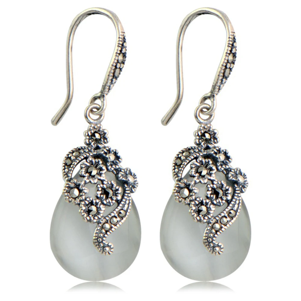 

Sterling silver 925 Drop Shaped Gemstone Vintage Flower Engraved Dangle Earrings Hook Earring For Women