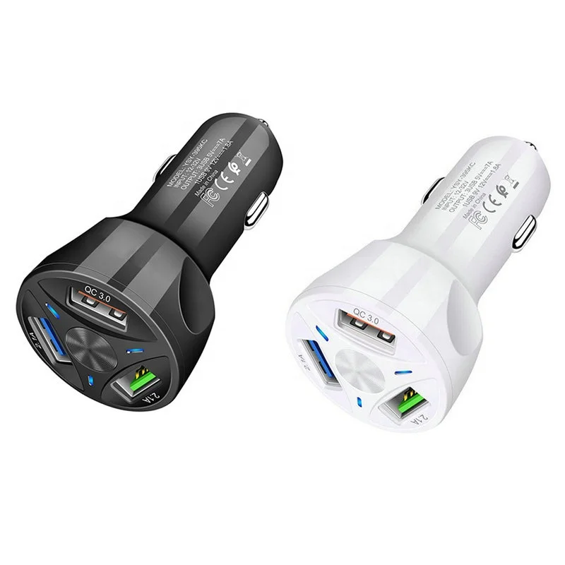 

OEM Logo QC3.0 Fast Car Charger 5V 7A 3 USB Ports Car Charger Adapter Universal Phone QC3.0 Quick 3 Port Car USB Charger, Black white