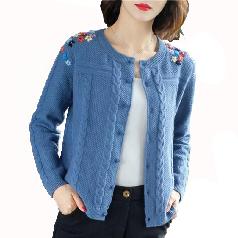 

Plus Size 2020 Fashion Women's Cardigan Knitted Floral Embroidery O-neck Sweater Coat Crochet Buttoned Knitwear Women Cardigans, 5 solid colors as shown