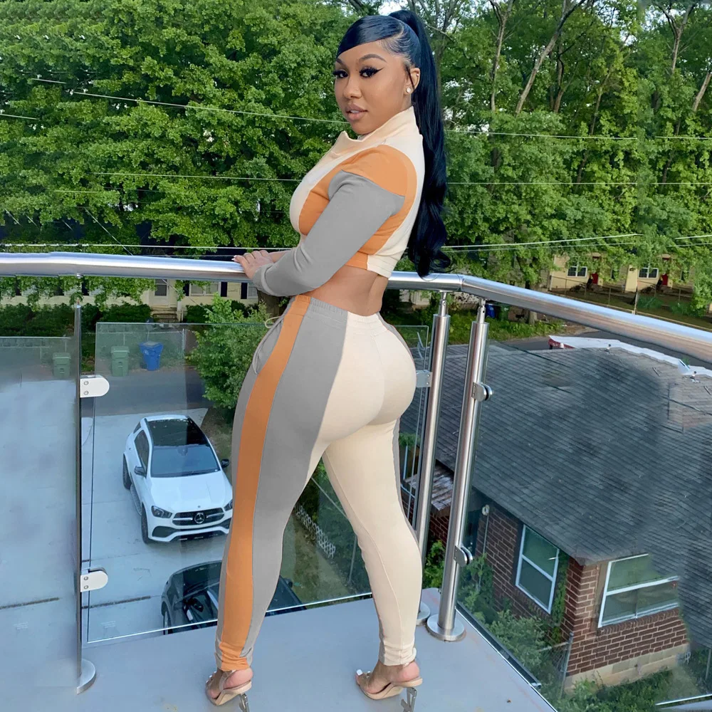 

Stand Collar Zipper Up Contrast Color Tracksuit Set 2 Piece Set Women Sportswear -PT, Pink,gray,green