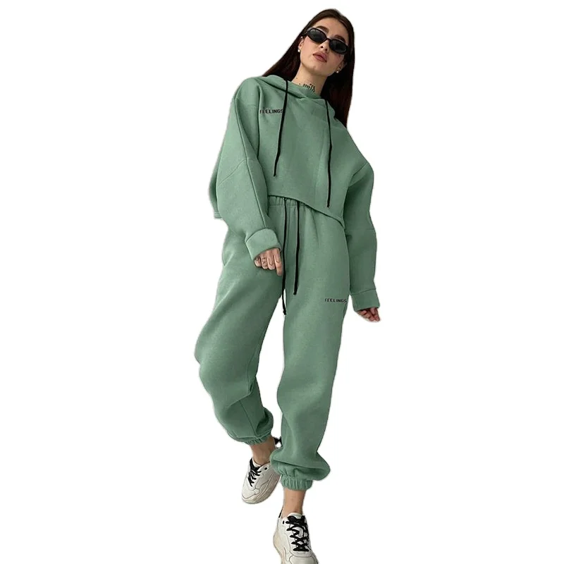 

10907-MX21 letter loose solid color cotton casual hooded two piece set women sehe fashion