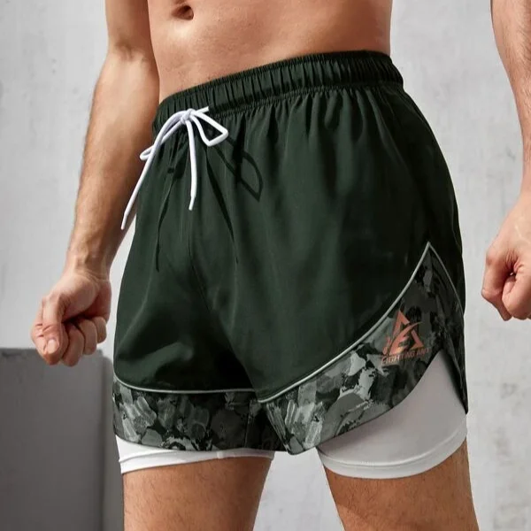 

Wholesale running Mens logo Contrast Panel Drawstring Waist 2 in 1Two-in-One Two-Layer camo print Sweat Shorts with towel loop