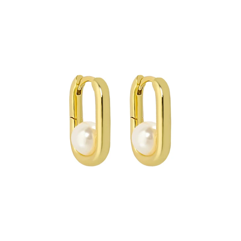 Wuqie 18K Gold Plated Silver Fine Jewelry Oval Hoop Pearl Earrings for Women