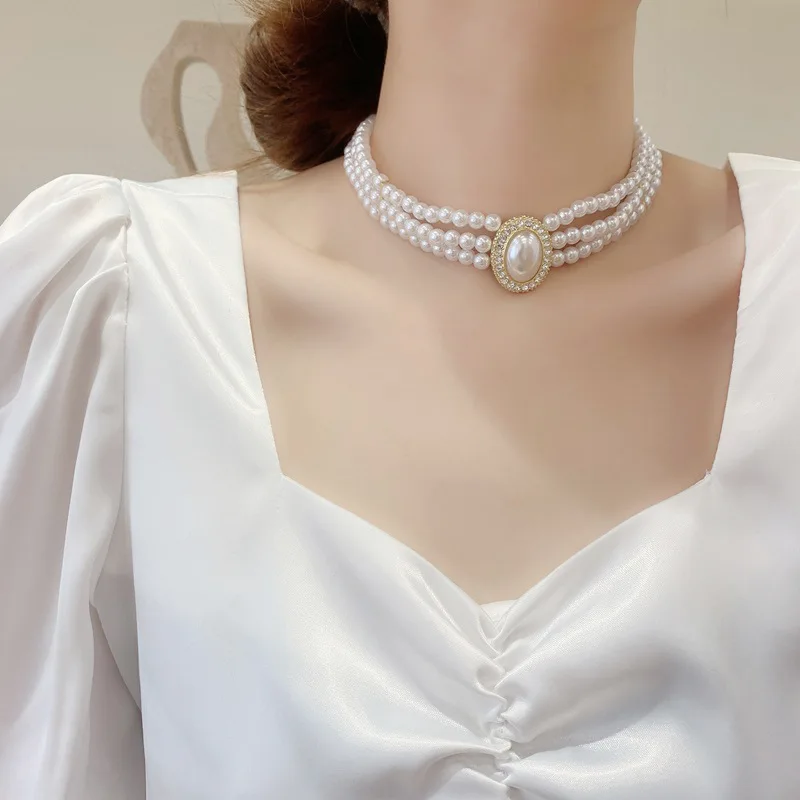 

2021 New Arrivals Pearl Necklace Three Layers Pearl Nacklace Temperament Rhinestone Choker For Women, As the picture