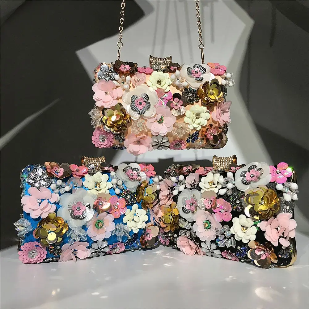 

TS5013 High Quality Fashion Women Clutch Bag round metal luxury crystal mini party blue small flower printed rhinestone crystal