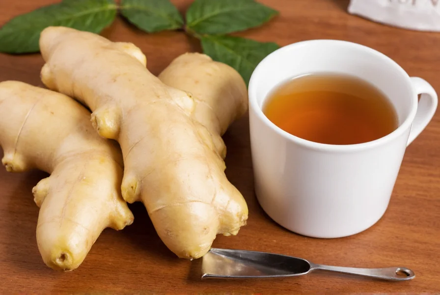 Fresh ginger root with peeler and tea mug on wooden table