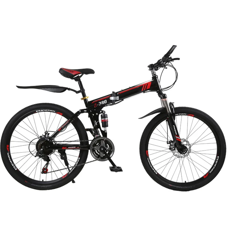 

China direct folding mountain bike 26 inch adult double disc brake carbon steel wholesale export source factory, Red