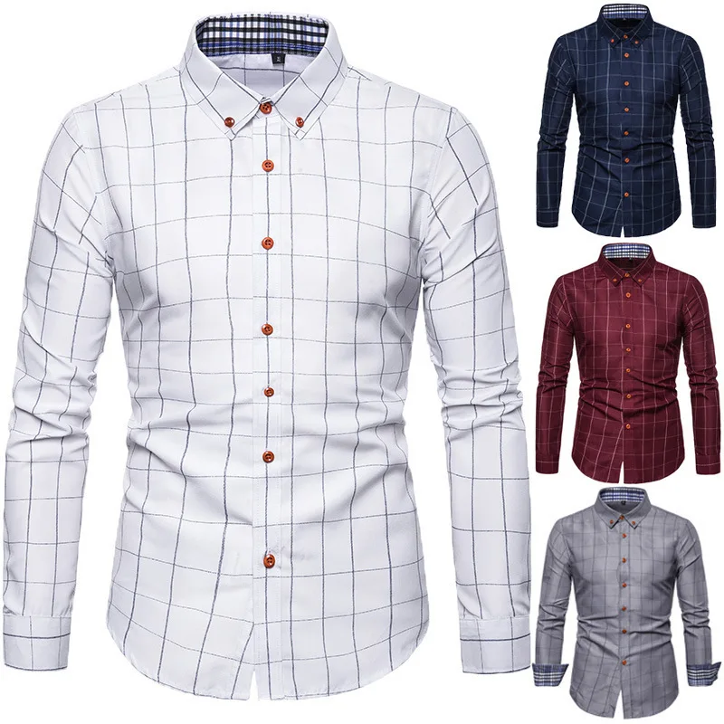 

Men's Plaid Shirt Wholesale Amazon Long Sleeve Square Collar Shirt Men's Loose Slim Fit Solid Color Shirt, Shown