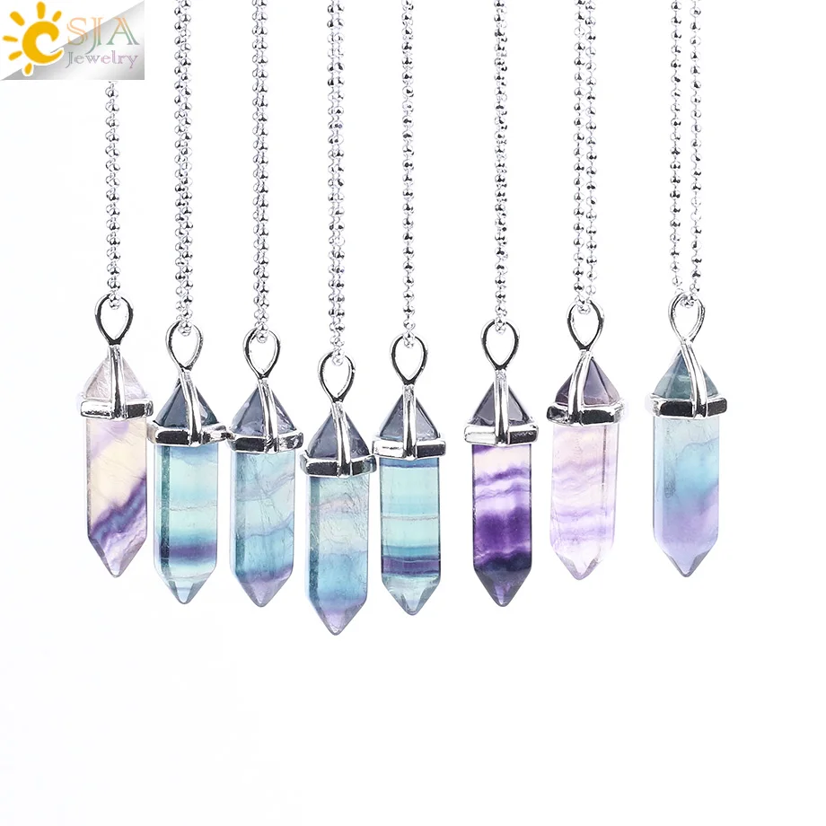 

CSJA natural fluorite stone necklaces bullet pendant crystal point hexagonal necklace pendant reiki chakra jewelry E546