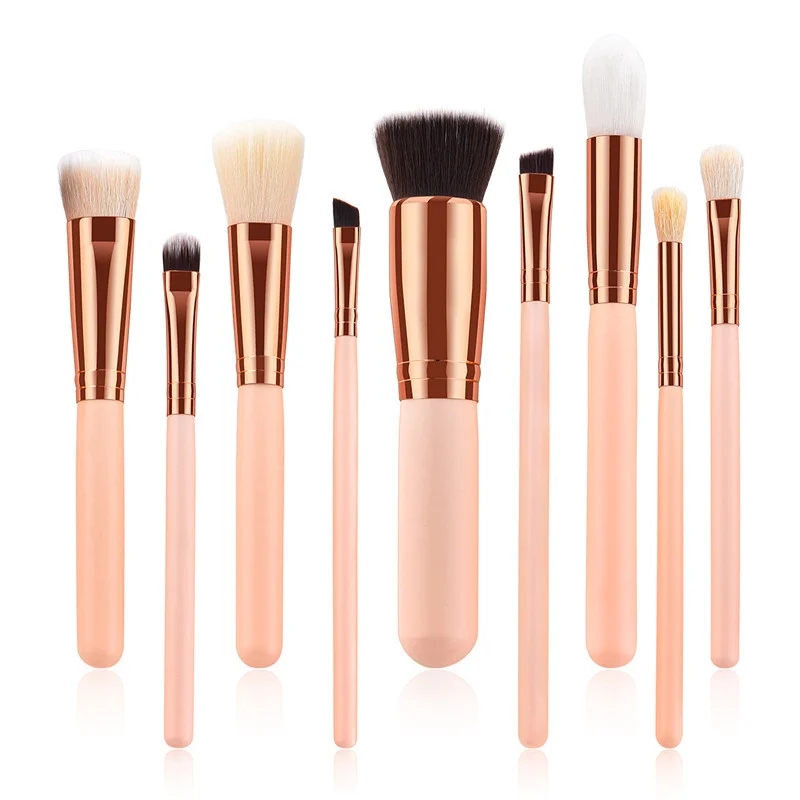 

Wholesale price ZNYBEAUTY 9pcs makeup brush set with natural color gold tube wooden handle custom logo high quality makeup tool