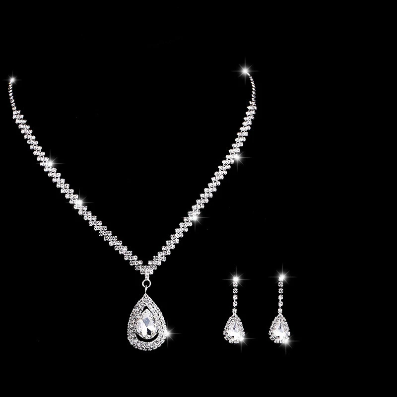 

Jachon New silver plated water drop bride diamond necklace earring jewelry set for wedding, Sliver