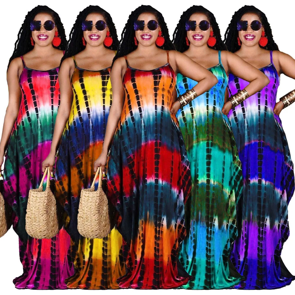 

ORH8908 women casual Suspender Strap Loose Pockets Ladies Tie dye printing Long Dress long maxi dress, As show