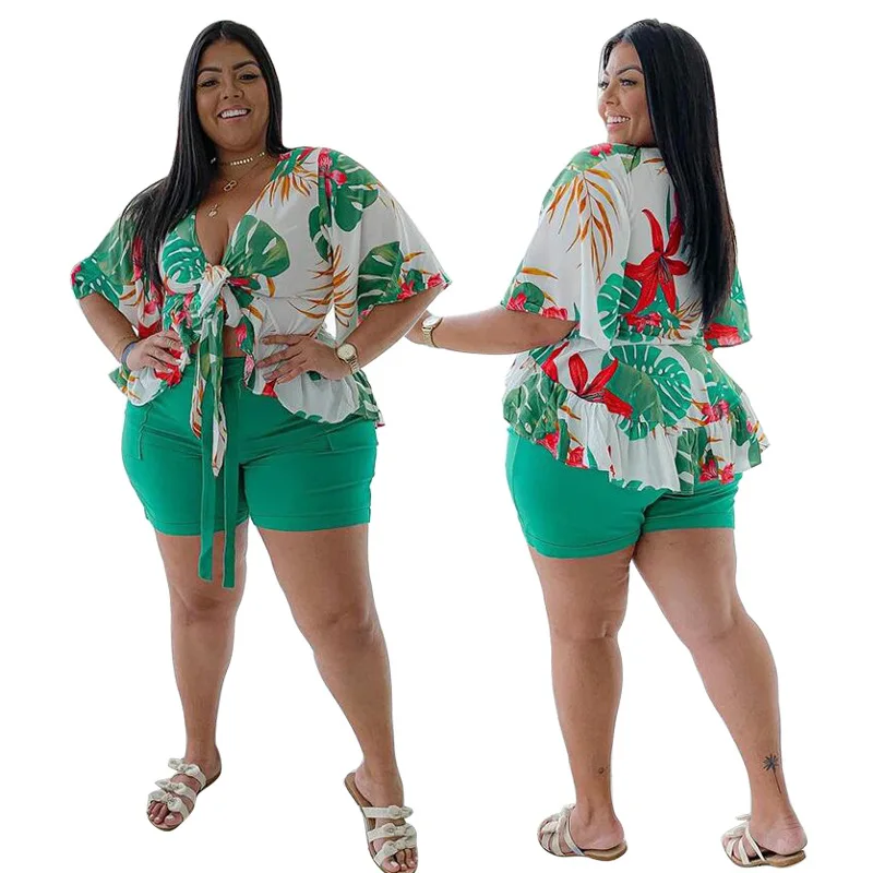 

2021New Arrival Plus size women clothing deep V printed short sleeves 2 piece set women shorts set, Green