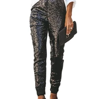 

Wholesale women black glitter sequin drawstring stretch pants