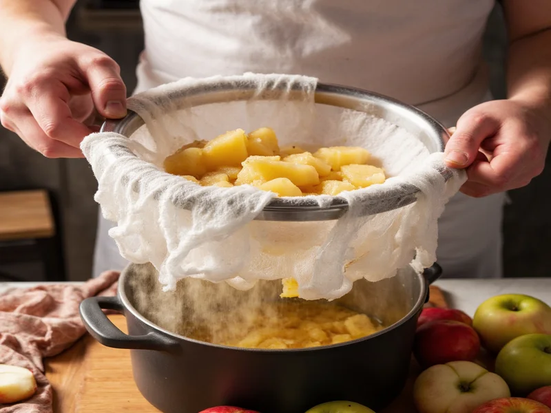 Hands straining apple pulp through cheesecloth over pot