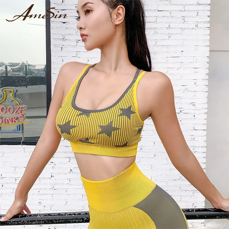 

AmeSin Star Design Cross Back Everyday Body Shaping Super Support Wireless Sexy Fitness Yoga Wear Sports Bra, Yellow, red blue, black