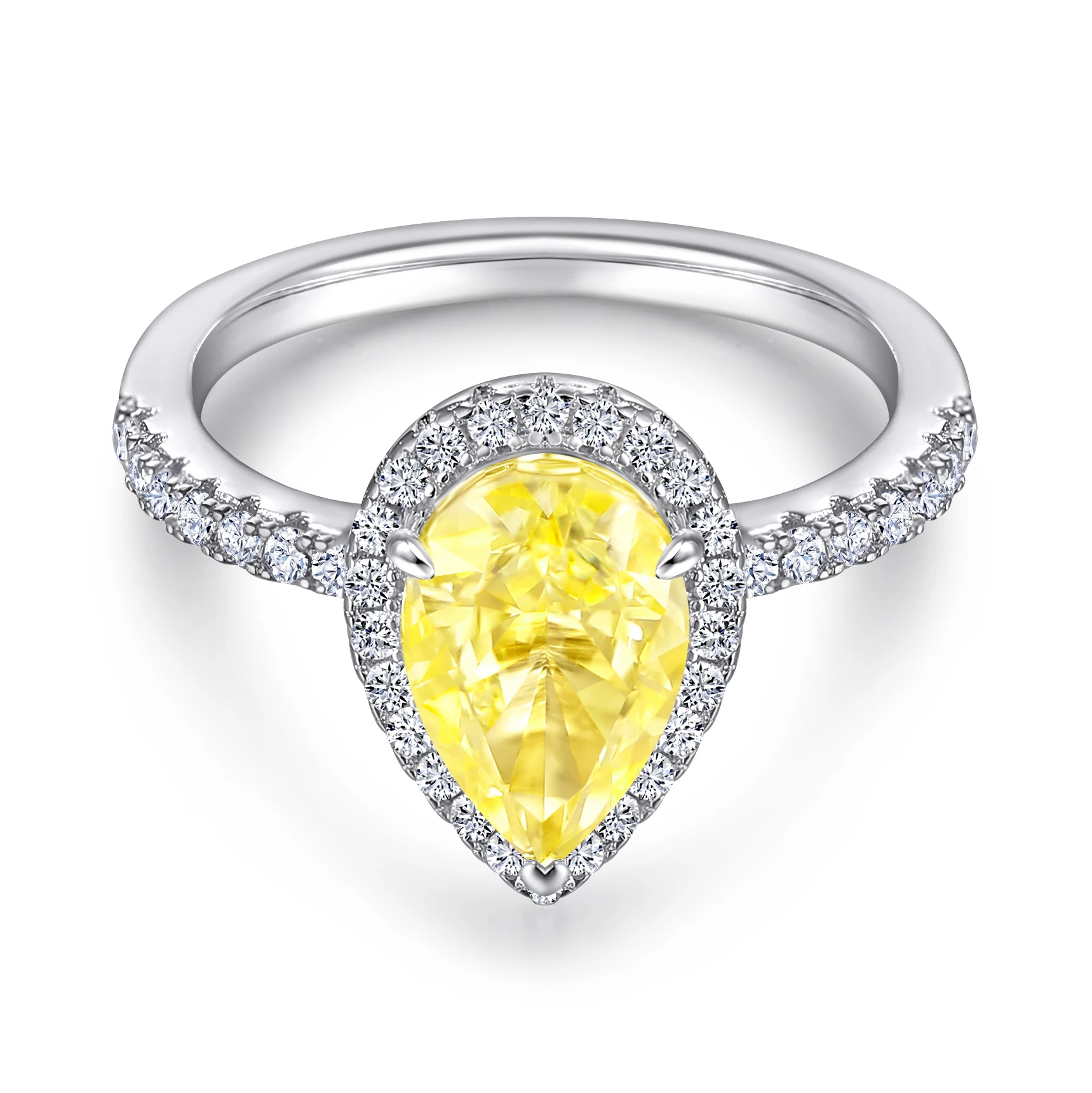 

TL-535 Women Halo Ring Pear Lab Grown Yellow Gemstone Engagement Ring 925 Sterling Silver Platinum Plated Zircon Ring