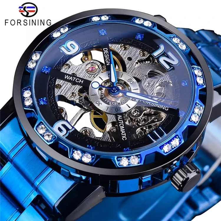 

Forsining S1201 Fashion Blue Diamond Skeleton Men Mechanical Watch Stainless Steel Luminous Hands Wristwatch Business Clock