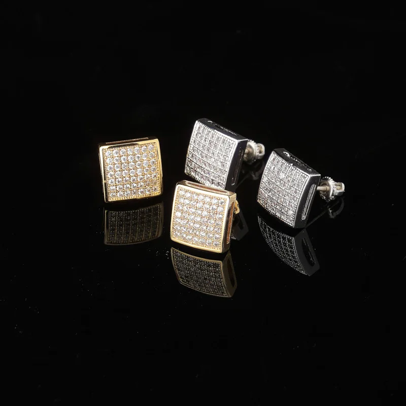 

Hip Hop Jewelry Gold/Silver Color Plated Iced Out Bling Earring Micro Pave CZ Stone Lab D Stud Earrings With Screw Back