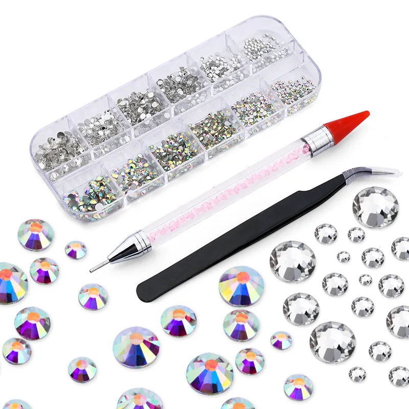 

Bellehome Nail Art Dimond wholesale Nail rhinestone kit 3d flat back crystal stones mix size for nail art, Sliver