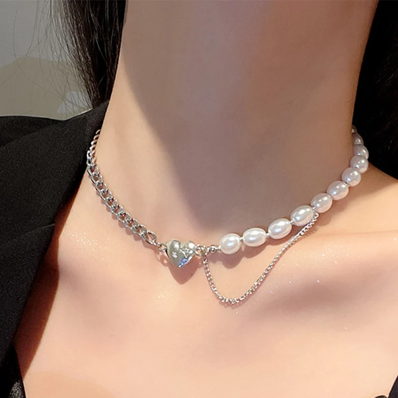 

Half Stainless Steel Cuban Chain High Luster Fresh Water Pearl Collarbone Choker Classic Elegant Baroque Heart Pendant Necklaces