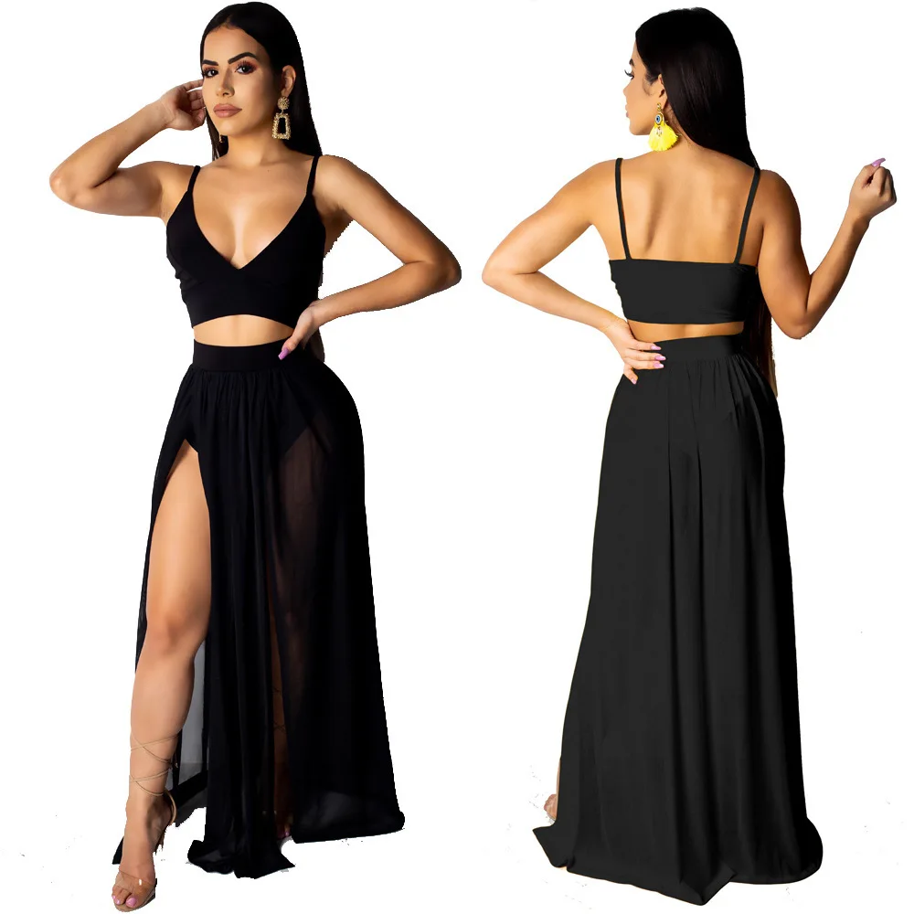 

black dress for women long chiffon vest maxi spaghetti strap crop tops womens casual dress 2 piece skirt set
