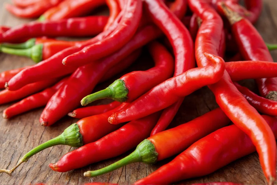Close-up view of various red chilli pepper varieties arranged on wooden table showing different shapes, sizes and colors from bright red to dark crimson